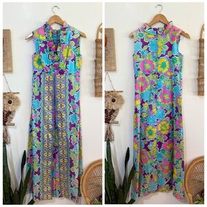 60s 70s Colorful Groovy Sleeveless Maxi Dress